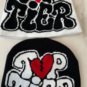 2 Pack Black and White Knit Beanies with Red Heart Design